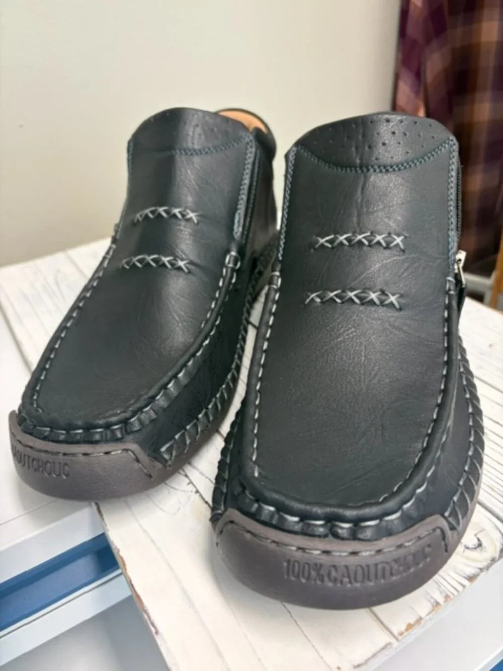 New size 13  Menico 100% COYTCHOUC sewn black leather slip-on shoes